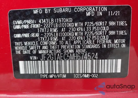 2021 Subaru Crosstrek Premium z USA, uszkodzony, nr VIN JF2GTAEC5MH674524